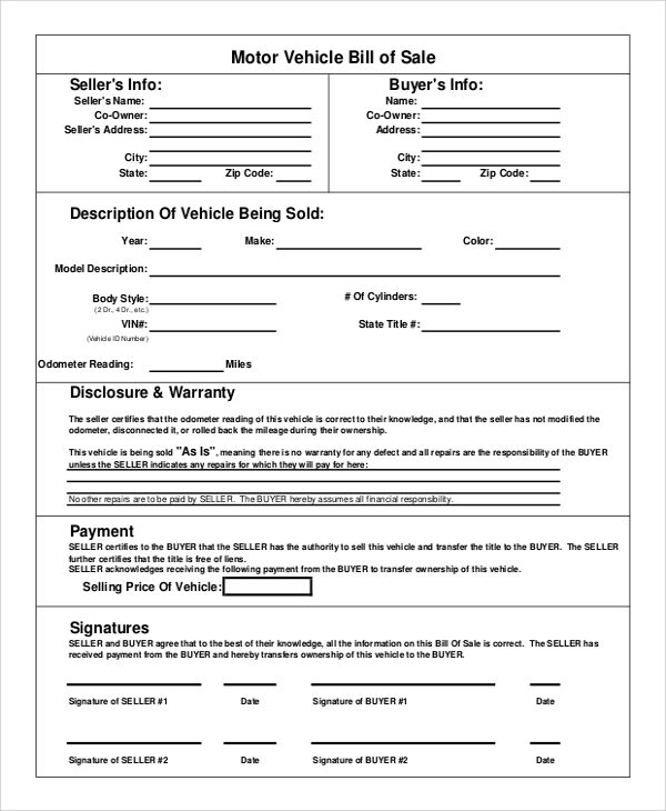 sample motor vehicle bill of sale