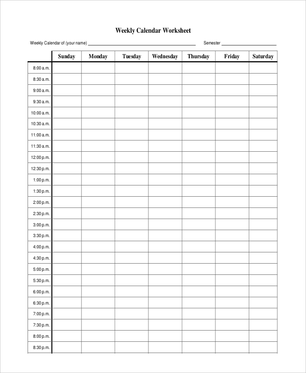 printable blank weekly calendar worksheet