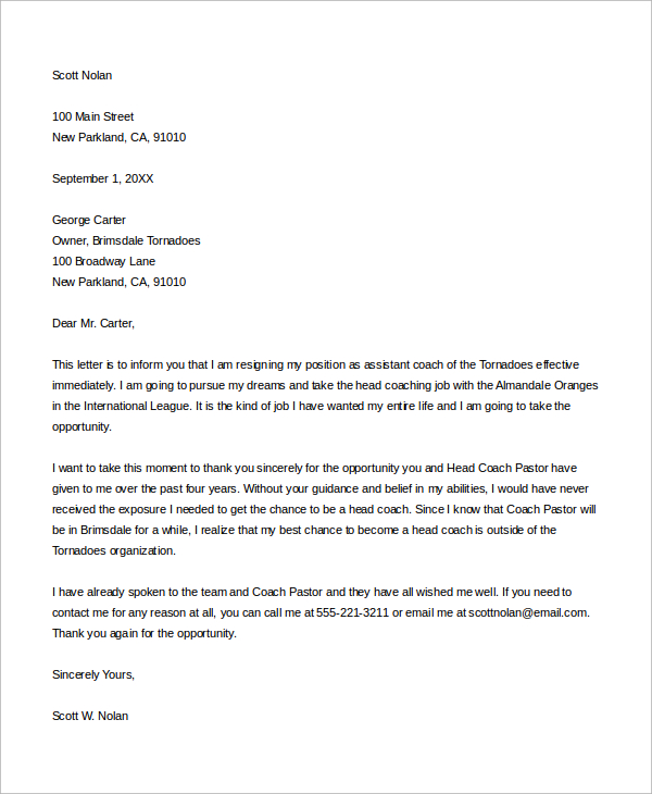 assistant coach resignation letter sample