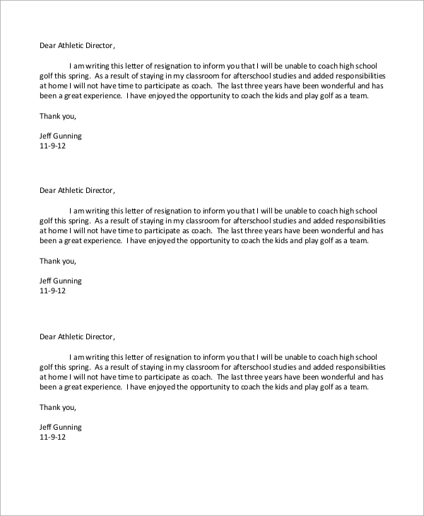 golf coach resignation letter sample