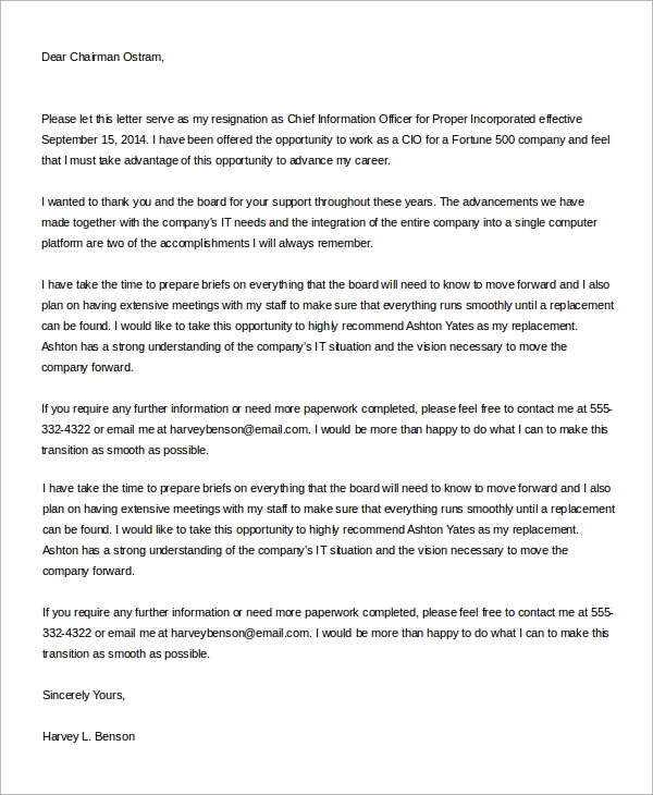 corporate officer resignation letter to chairman