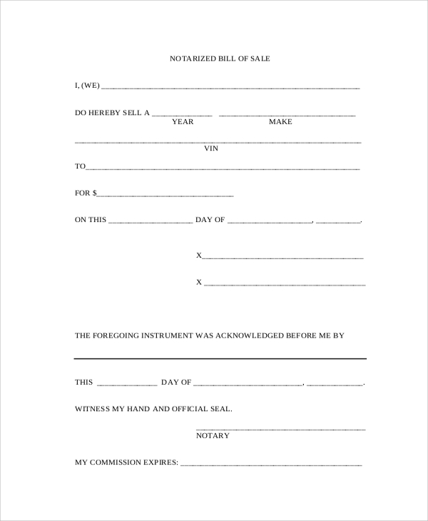 notarized bill of sale template for car