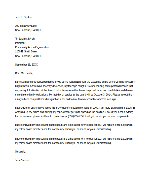 non profit board of director resignation letter 