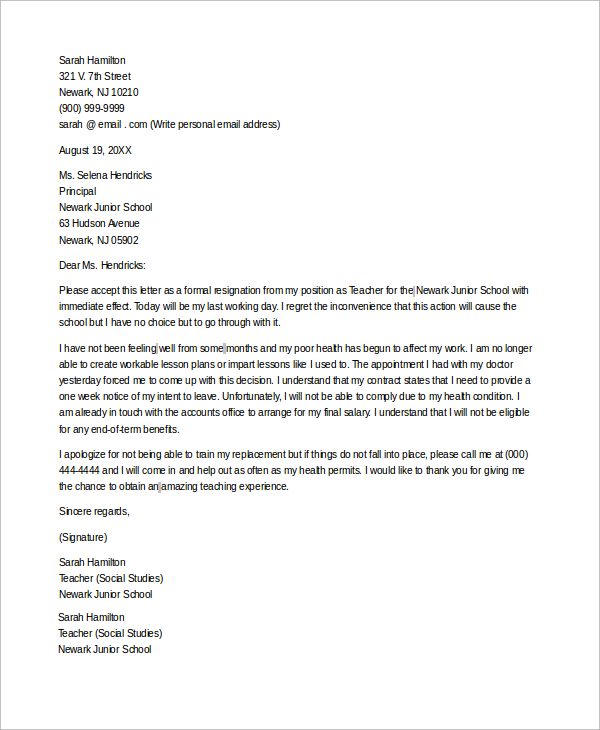 resignation letter to teacher due to health problem