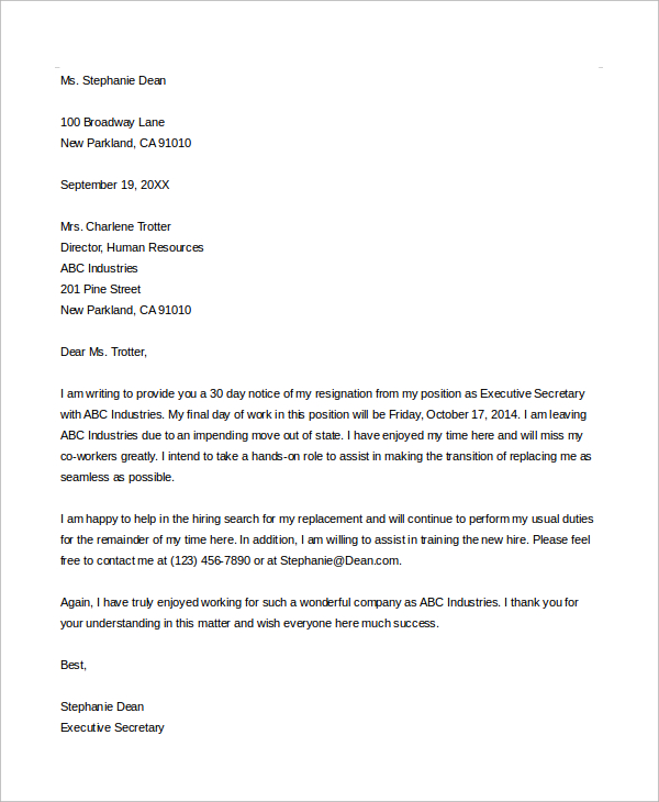 30 day notice formal resignation letter