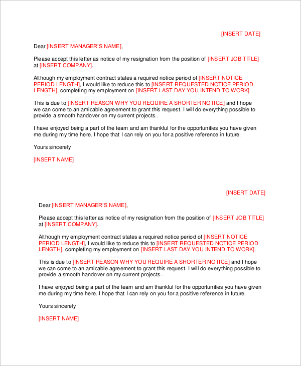 short notice job resignation letter