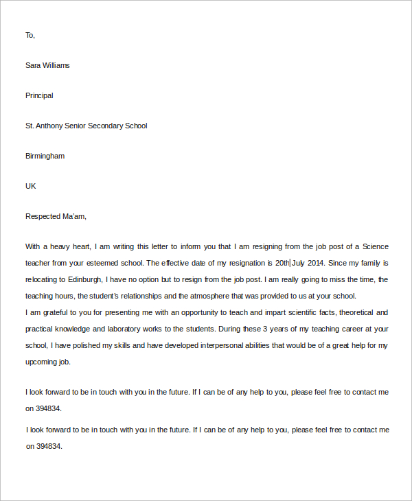 secondary school teacher resignation letter 