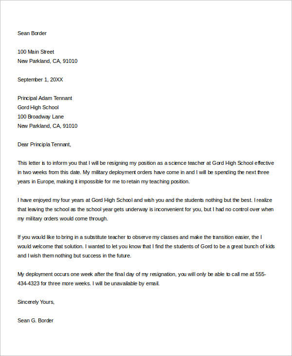 teacher resignation letter to principal sample