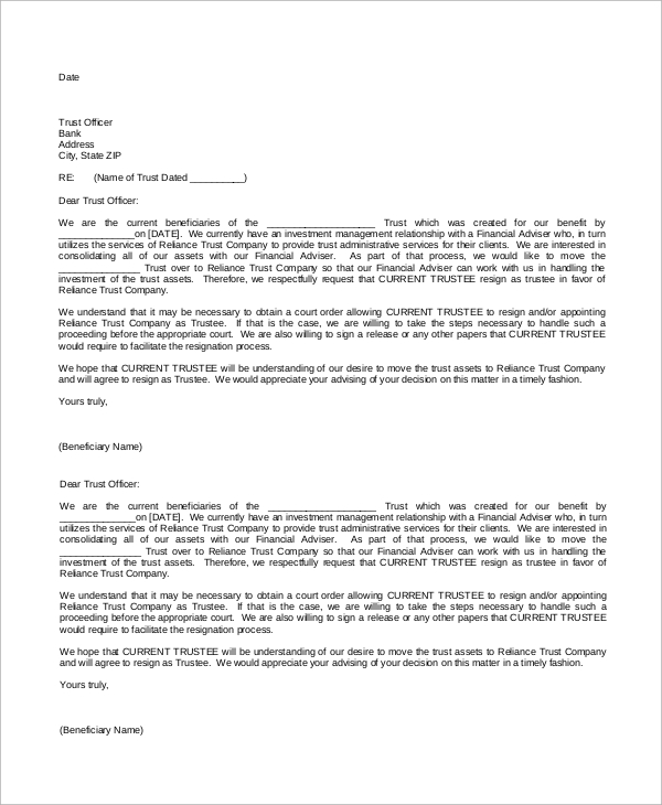 program trustee resignation request letter