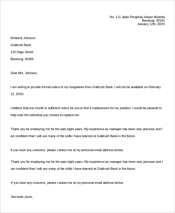 formal bank manager resignation letter