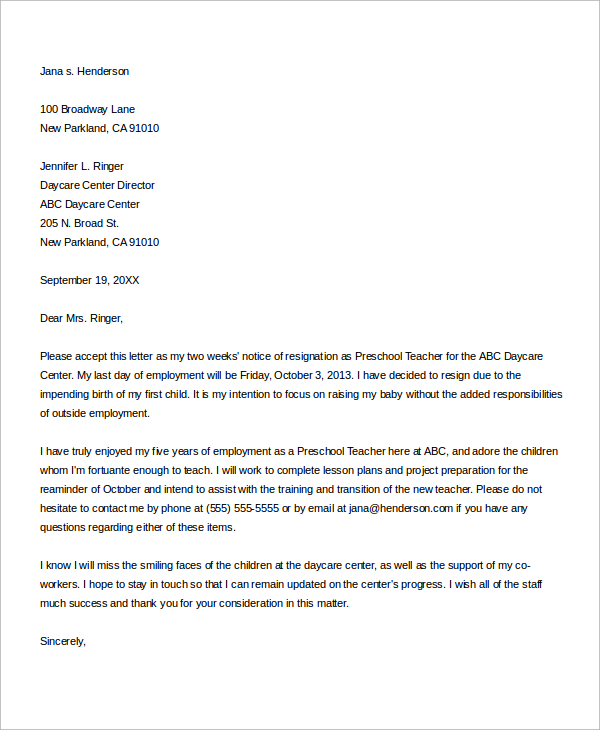 preschol daycare resignation letter
