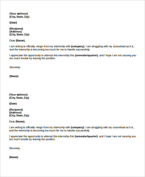 company internship resignation letter