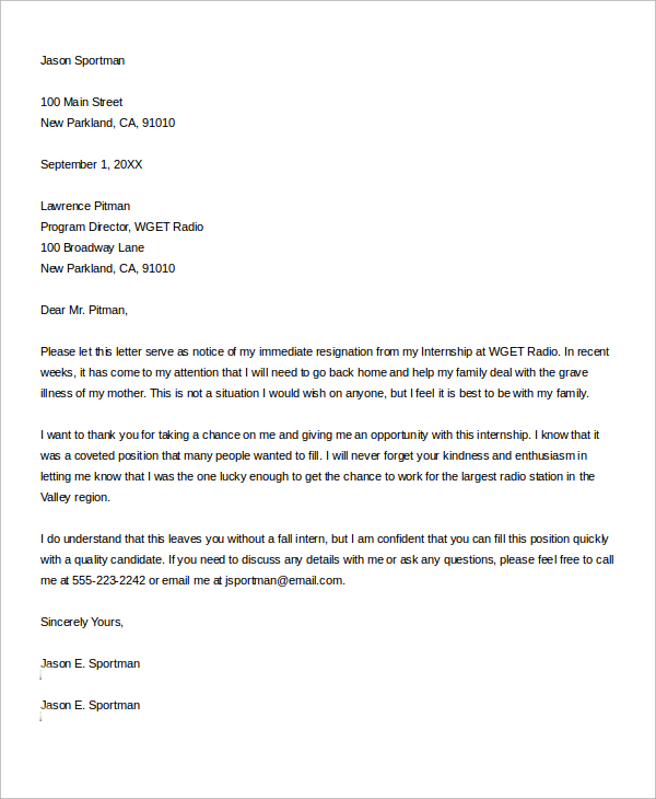 immediate internship resignation notice letter