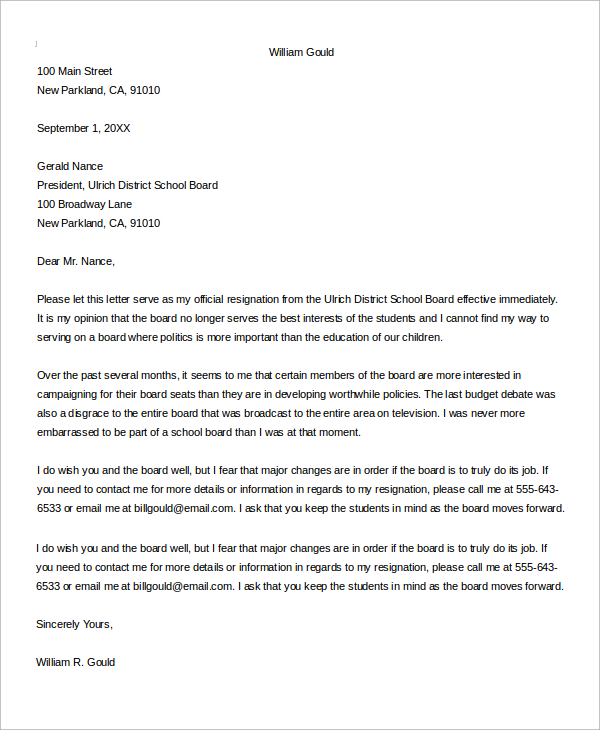 school board resignation letter