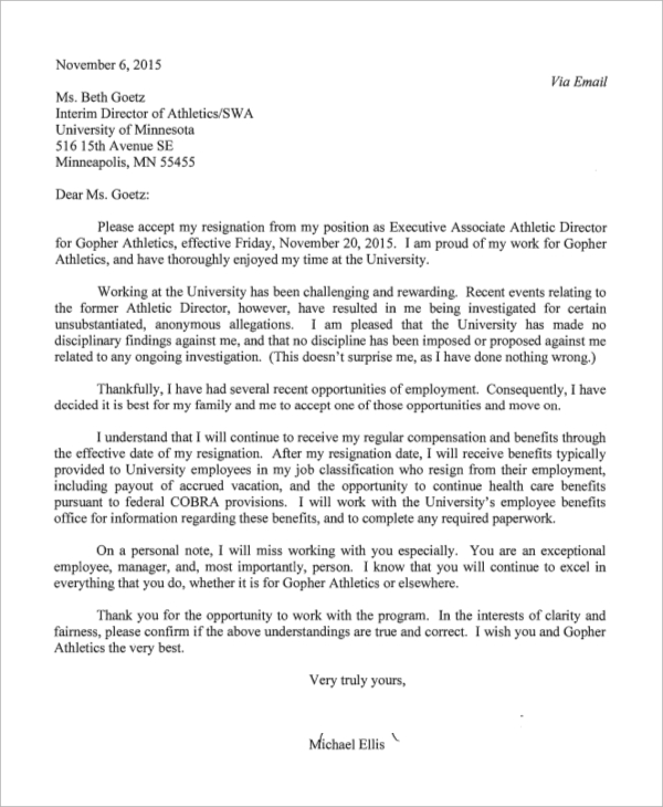 executive associate resignation letter