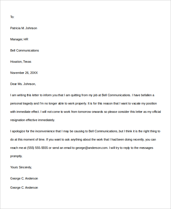 immediate job resignation letter