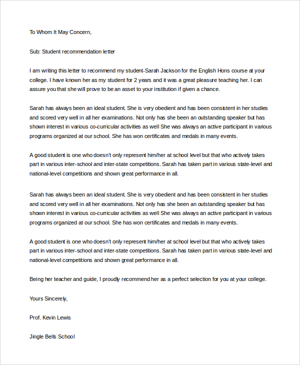 Letter Of Recommendation Template For Student