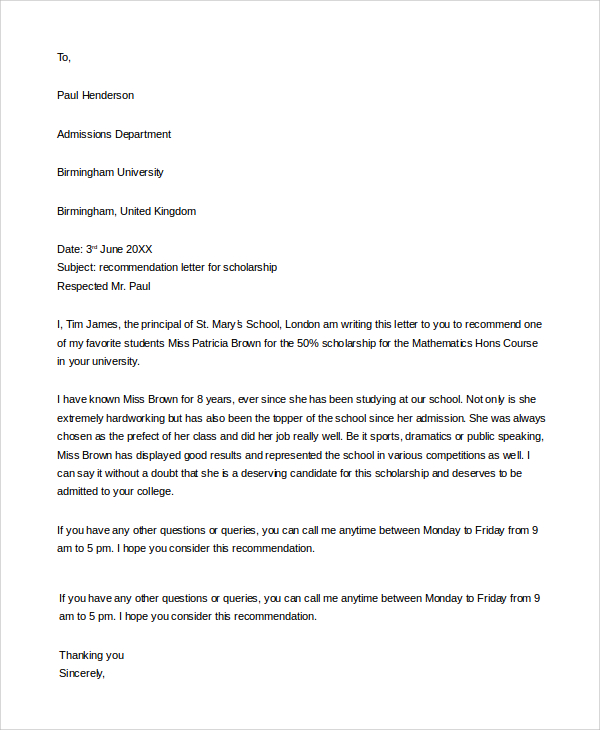 FREE 7+ Sample Letter of Recommendation For Student in PDF ...