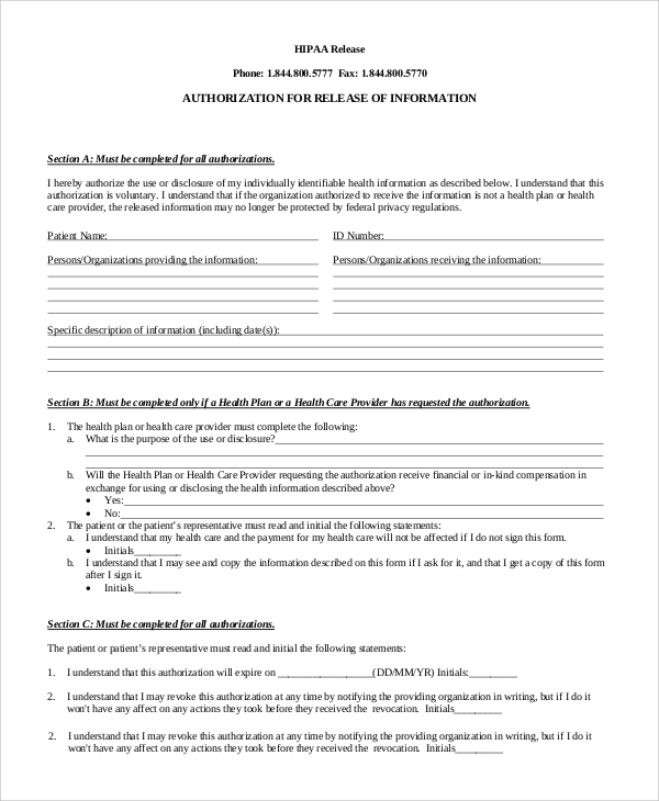 Hipaa Release Form Example