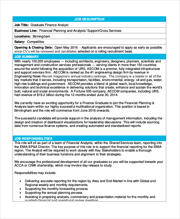 Financial Analyst Corporate Finance Job Description / Financial Analyst job description / Corporate finance analysts apply financial data in helping their companies make effective business decisions.