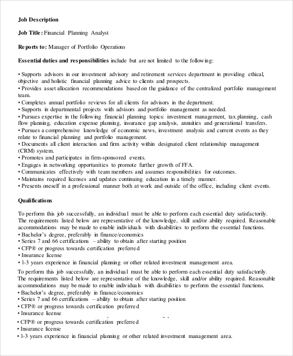 Financial Planning And Analysis Job Description