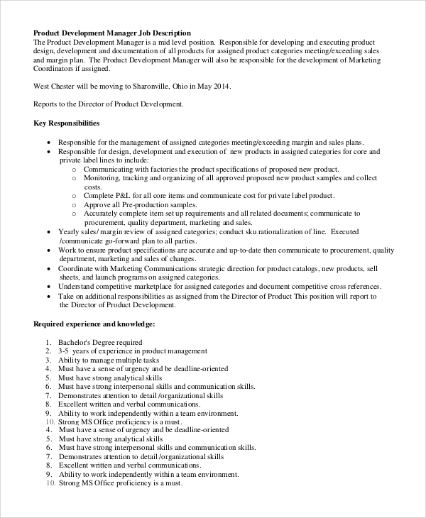 Free 8 Sample Product Manager Job Description Templates In Pdf Ms Word