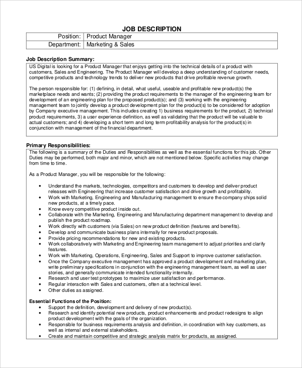 sample product manager job description