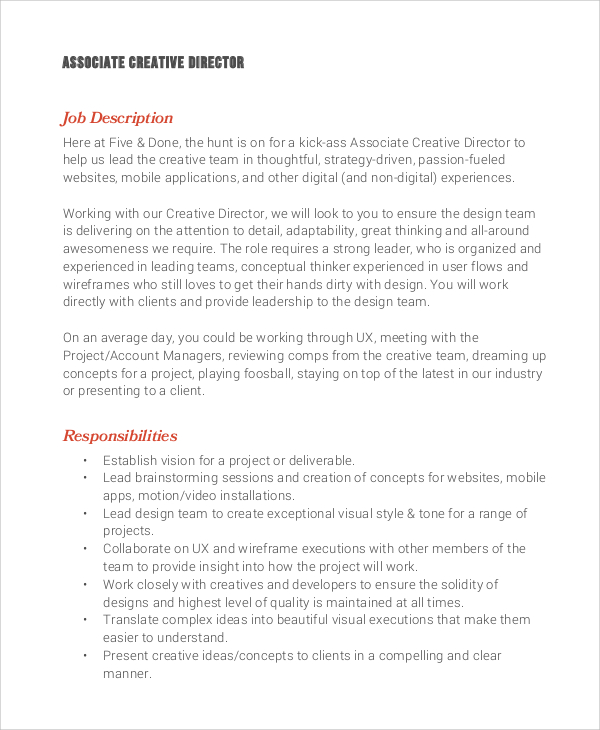 FREE 8+ Creative Director Job Description Samples in PDF | MS Word