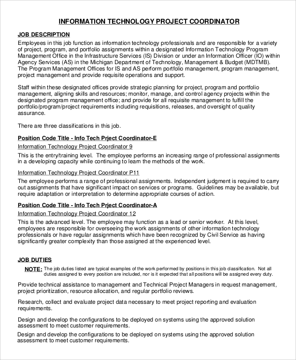 it project coordinator job description
