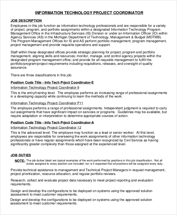 8+ Project Coordinator Job Description Samples  Sample 