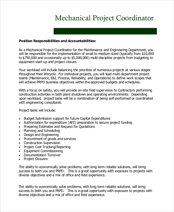 mechanical project coordinator job description