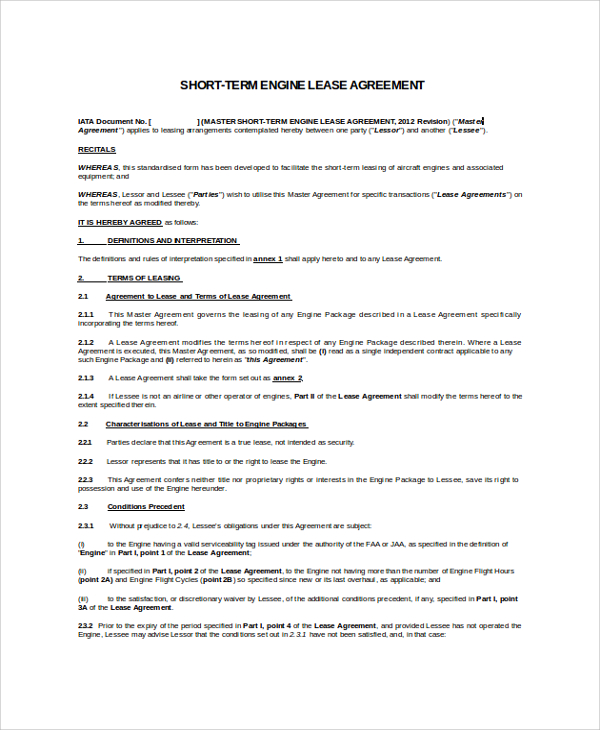 sample short term lease agreement