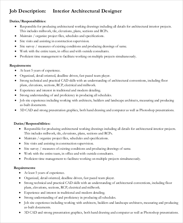 Sample Architect Job Description 8 Examples In Pdf