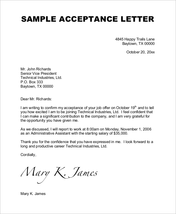 job acceptance letter email