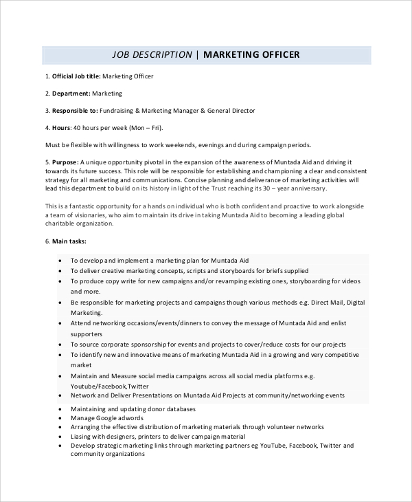 Sales and marketing officer job description