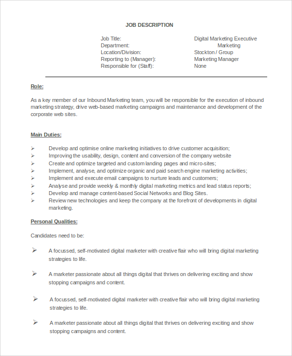 digital marketing executive job description