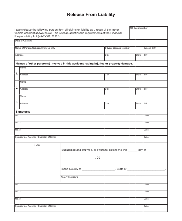Free 8 Sample Liability Release Forms In Pdf Ms Word