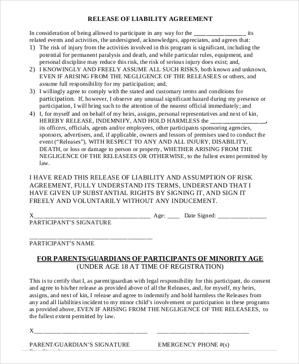 release of liability agreement form