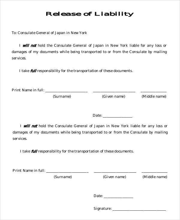 sample release of liability form
