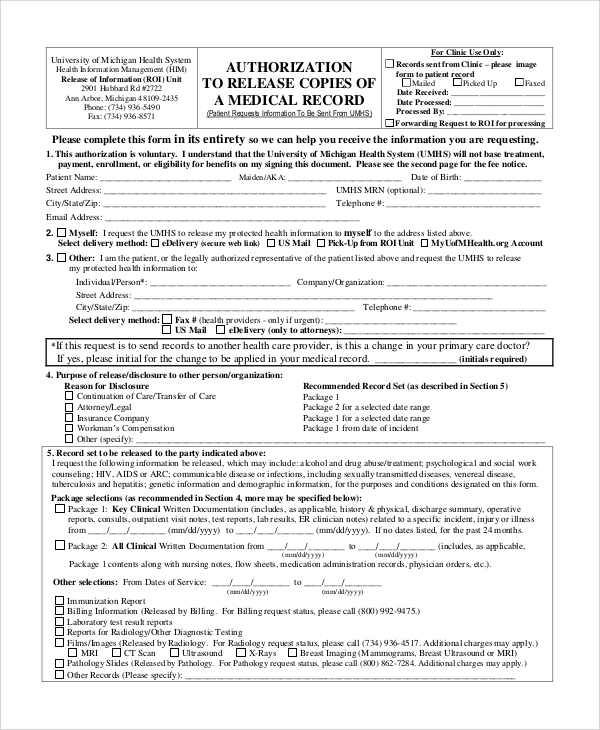 generic medical records release form