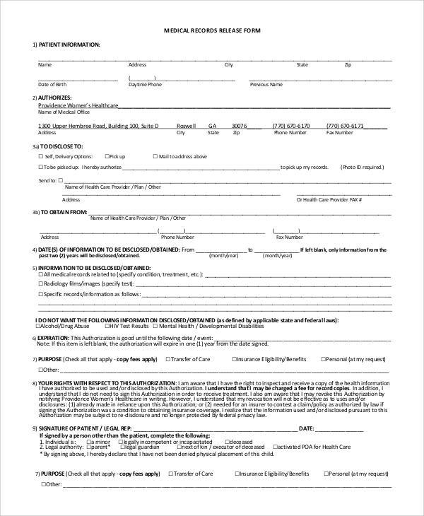 printable medical records release form
