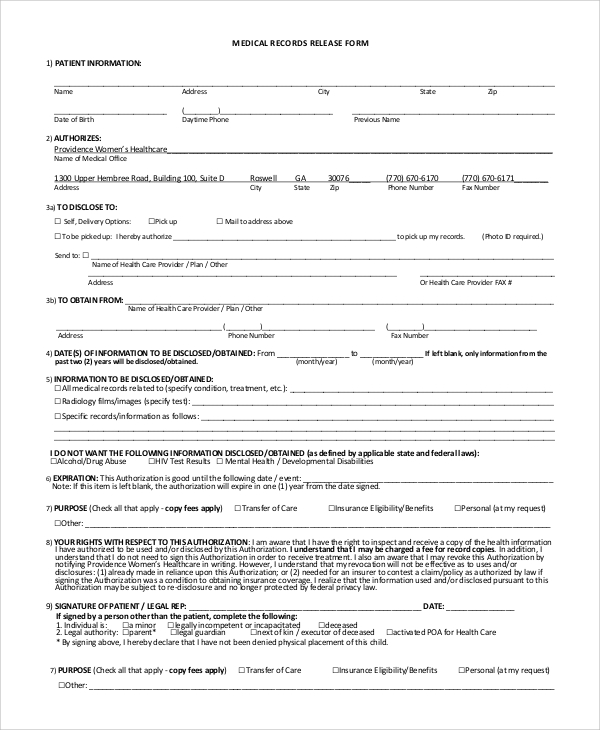 Free Medical Records Release Authorization Form Hipaa