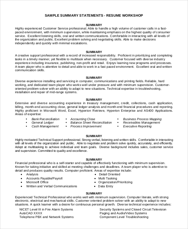 Sample Summary For Resume 8 Examples In Word PDF