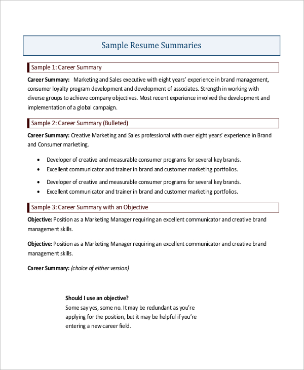 sample resume summaries
