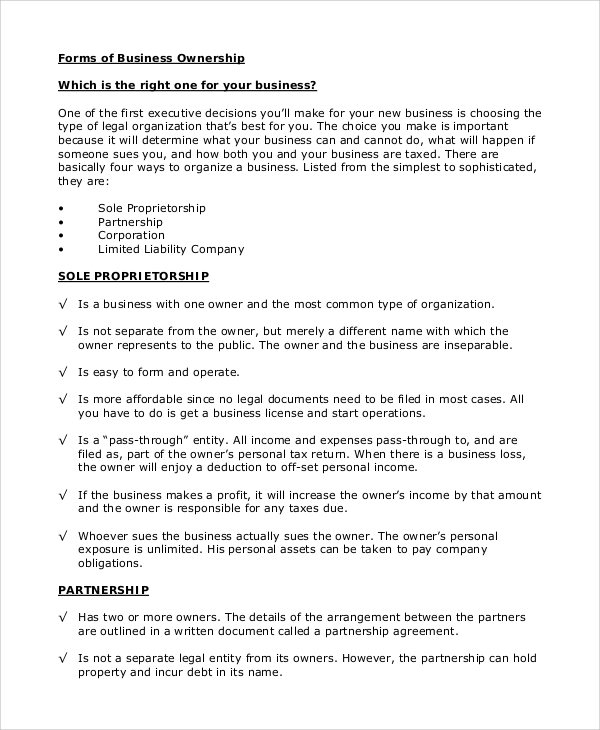 form of ownership in business plan sample