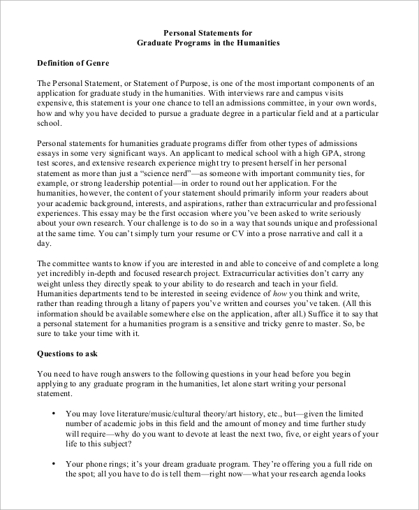 sample personal statement for graduate school