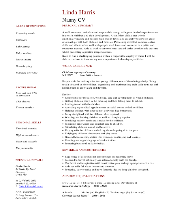 sample resume for nanny in canada