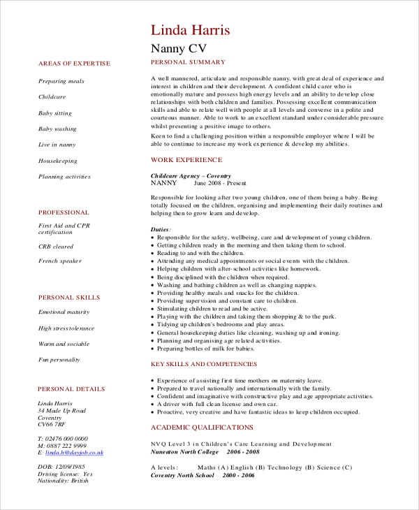 Nanny Resume Sample Templates Master of Template Document