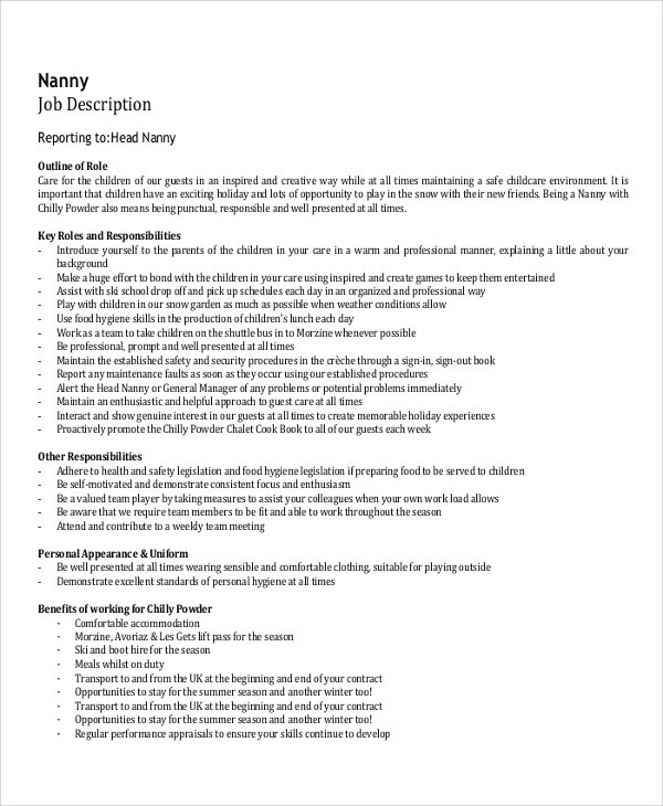 FREE 7 Sample Nanny Resume Templates In PDF MS Word   Nanny Responsibilities On Resume 