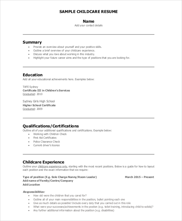 sample resume for nanny